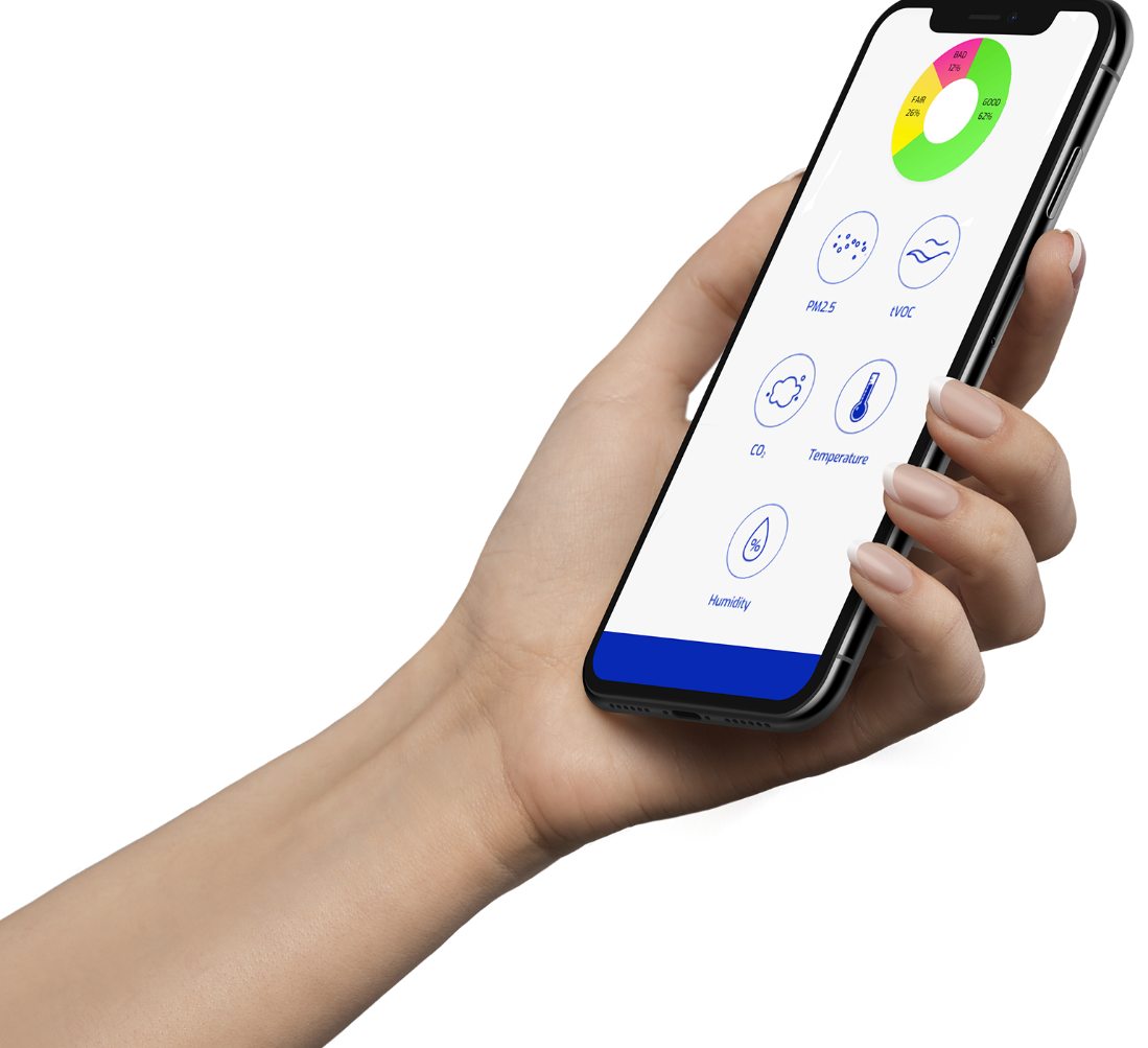 Hand holding a phone with an air monitoring app
