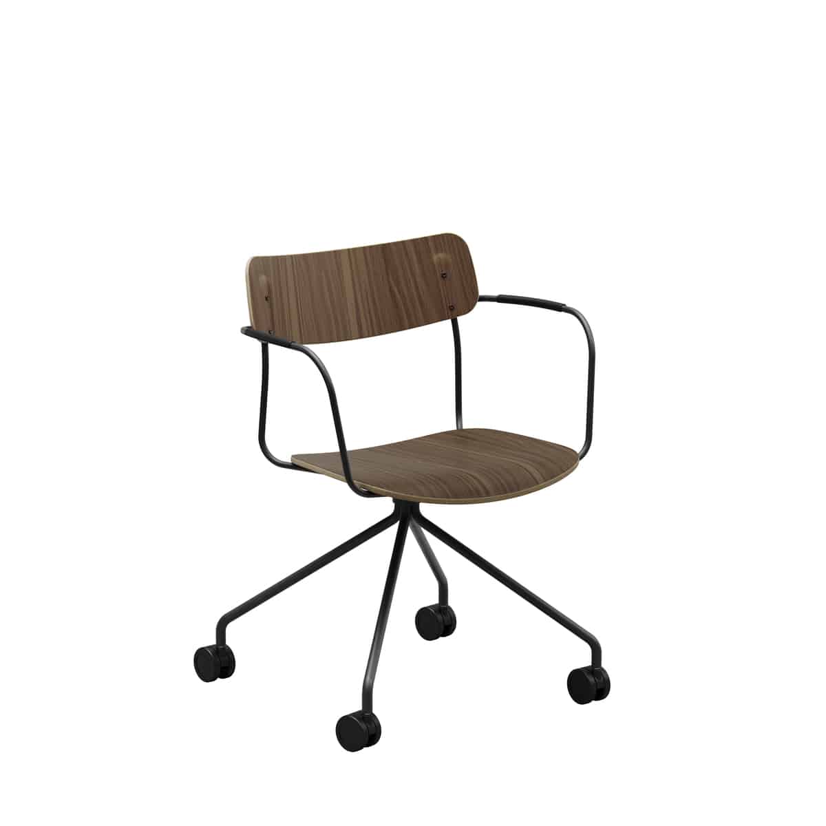 Office chair with 4 leg base and castors with armrests wood