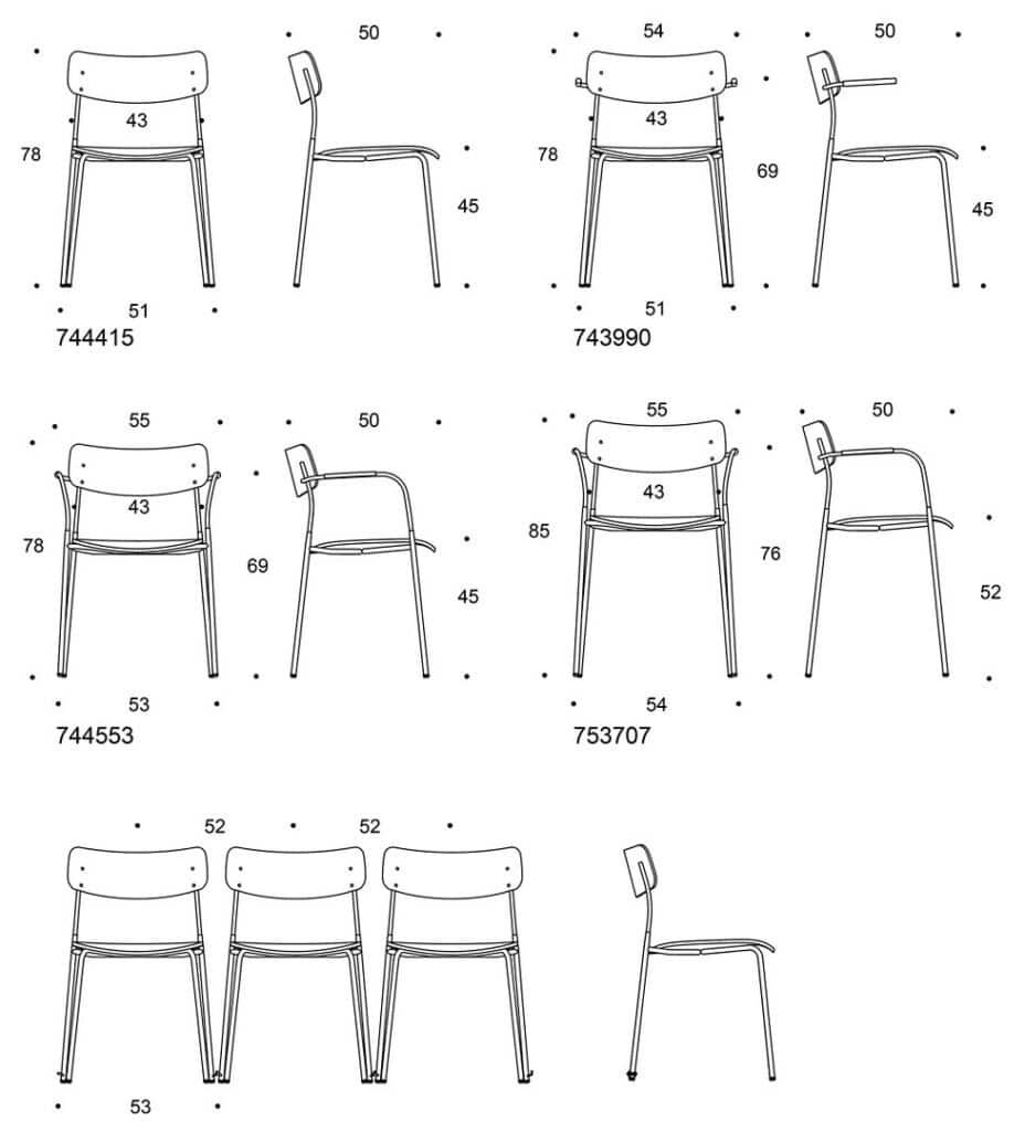 Dimensions of ella chair with 4 leg base